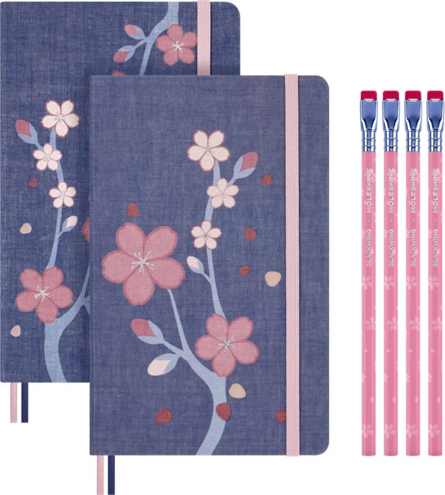 Набор Moleskine Limited Edition Sakura  - 2 блокнота 310 х 210 мм (88 листов, с линовкой в линию и без линовки, тонированная бумага) и 4 карандаша
