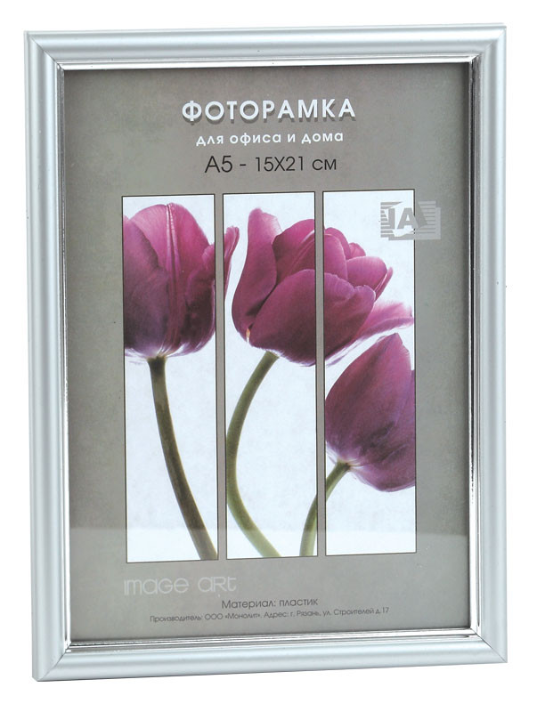 Фоторамка 15 x 21 см (А5), багет 14 мм пластик, со стеклом, цвет "серебро"