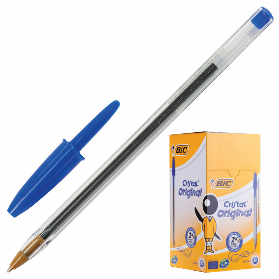 Ручка шариковая BIC Cristal, корпус прозрачный, пишущий узел 1 мм, линия письма 0,32 мм, длина письма до 3000 м, цвет чернил синий, 847898