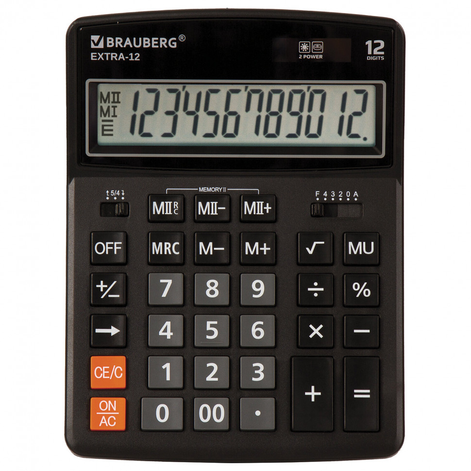 Калькулятор настольный BRAUBERG EXTRA-12-BK, размер 206 x 155 мм, 12 разрядов, двойное питание, ЧЕРНЫЙ, 250481