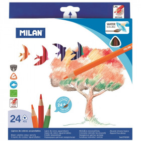 Карандаши цветные акварельные трехгранные Milan с кистью пони № 6, диаметр грифеля 2.9 мм, набор 24 цвета, Milan 0742324