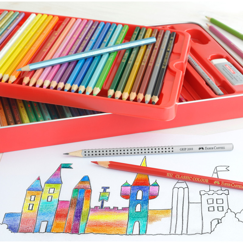 Набор цветных карандашей Faber-Castell "Замок", 60 цветов, шестигранные, заточенные, с двумя чернографитными карандашами Faber-Castell Grip, ластиком и точилкой в металлической коробке, FC115894