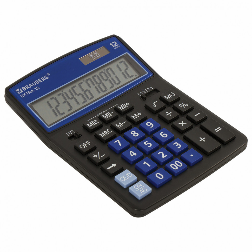 Калькулятор настольный BRAUBERG EXTRA-12-BKBU, размер 206 x 155 мм, 12 разрядов, двойное питание, черно-синий, 250472