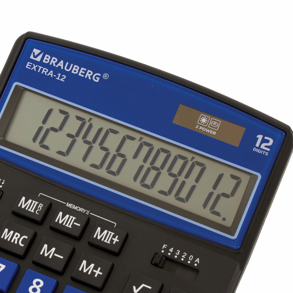 Калькулятор настольный BRAUBERG EXTRA-12-BKBU, размер 206 x 155 мм, 12 разрядов, двойное питание, черно-синий, 250472