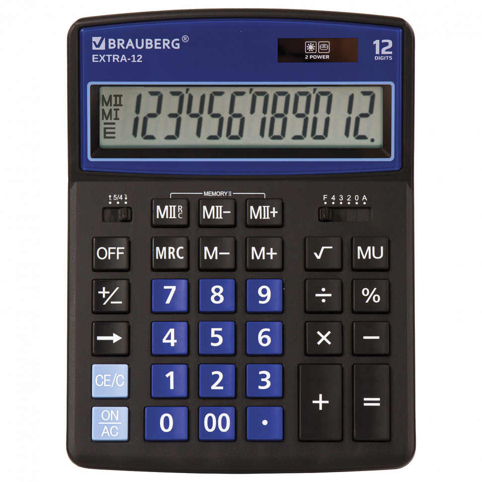 Калькулятор настольный BRAUBERG EXTRA-12-BKBU, размер 206 x 155 мм, 12 разрядов, двойное питание, черно-синий, 250472