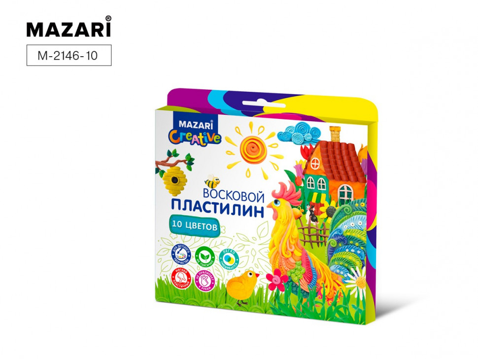 Пластилин восковой Mazari/Юнландия/Мульти-Пульти, 10 цветов, 150 г, со стеком