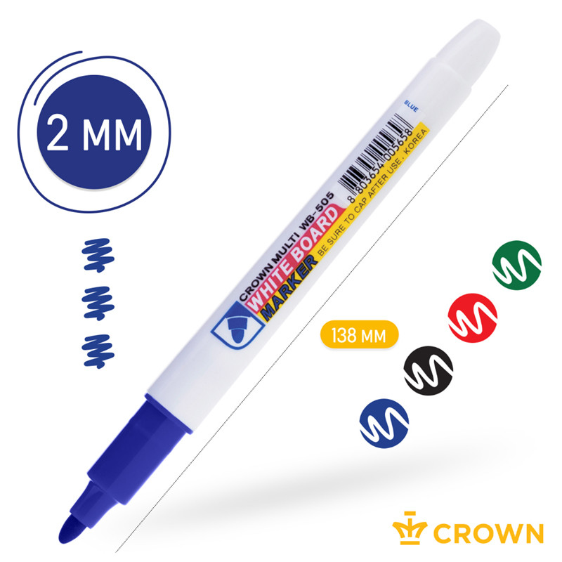 Набор маркеров для белых досок Crown Multi Board Slim, 4 цвета, круглый пишущий узел 2 мм, чернила на спиртовой основе