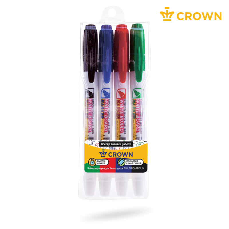 Набор маркеров для белых досок Crown Multi Board Slim, 4 цвета, круглый пишущий узел 2 мм, чернила на спиртовой основе