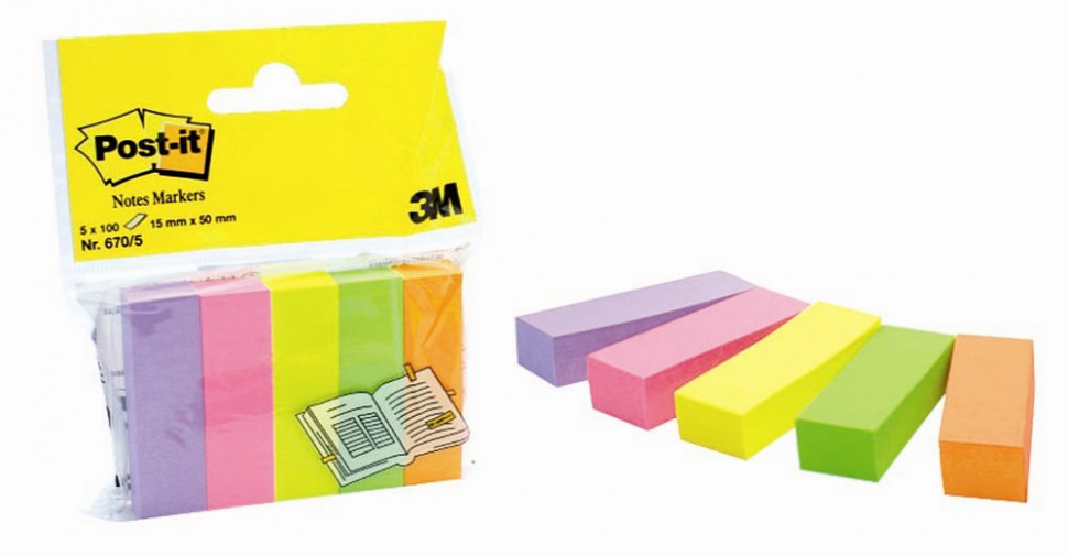 Закладки для страниц 3M POST-IT  бумажные самоклеящиеся, размер 15 мм х 50 мм, набор 5 цветов по 100 штук, 3M 670/5