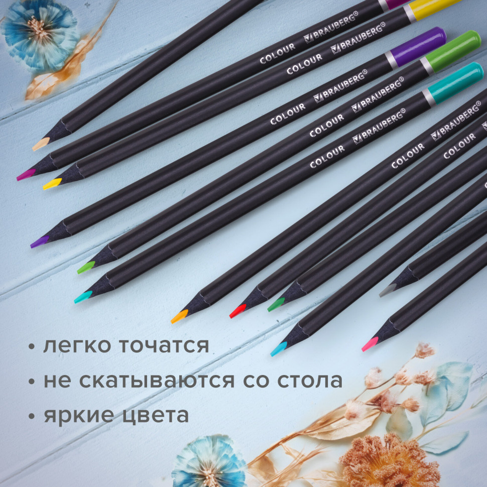 Карандаши цветные трехгранные BRAUBERG BLACK WOOD, чёрное дерево, 12 цветов, мягкий грифель 3 мм, 181948