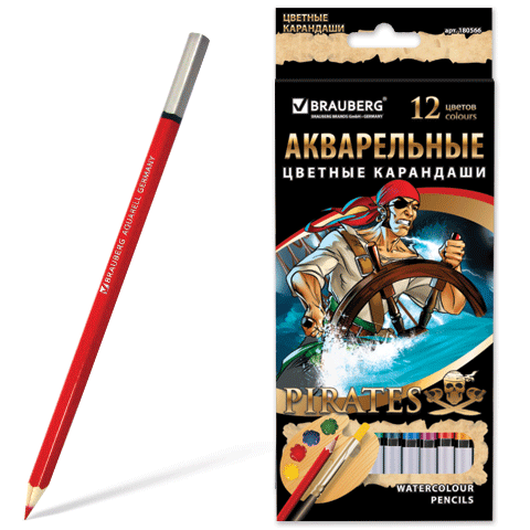 Карандаши цветные акварельные BRAUBERG "Pirates" (Пираты), 12 цв., заточенные 