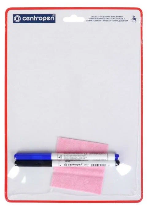 Доска для рисования Centropen 7769 двухсторонняя, одна сторона с линовкой линейка + клетка/другая сторона чистая, А4, в комплекте с двумя маркерами Centropen 2507 и салфеткой