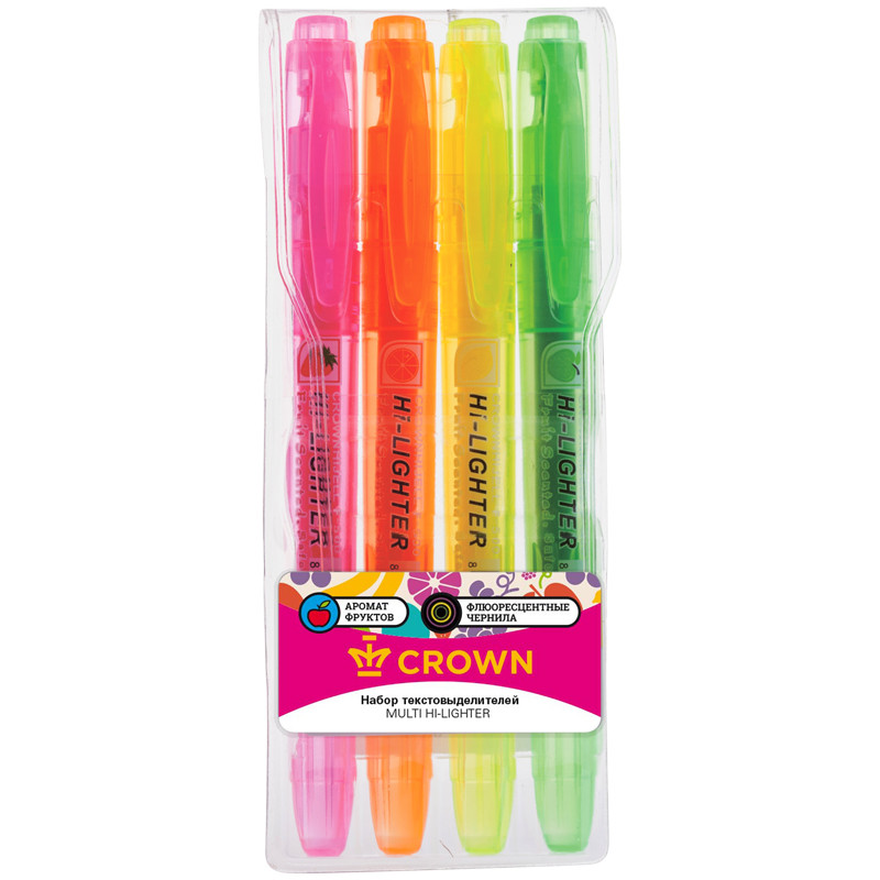 Набор текстовыделителей Crown "Multi Hi-Lighter Aroma", 4 цвета, пишущий узел 1 - 4 мм, ароматизированные чернила на водной основе