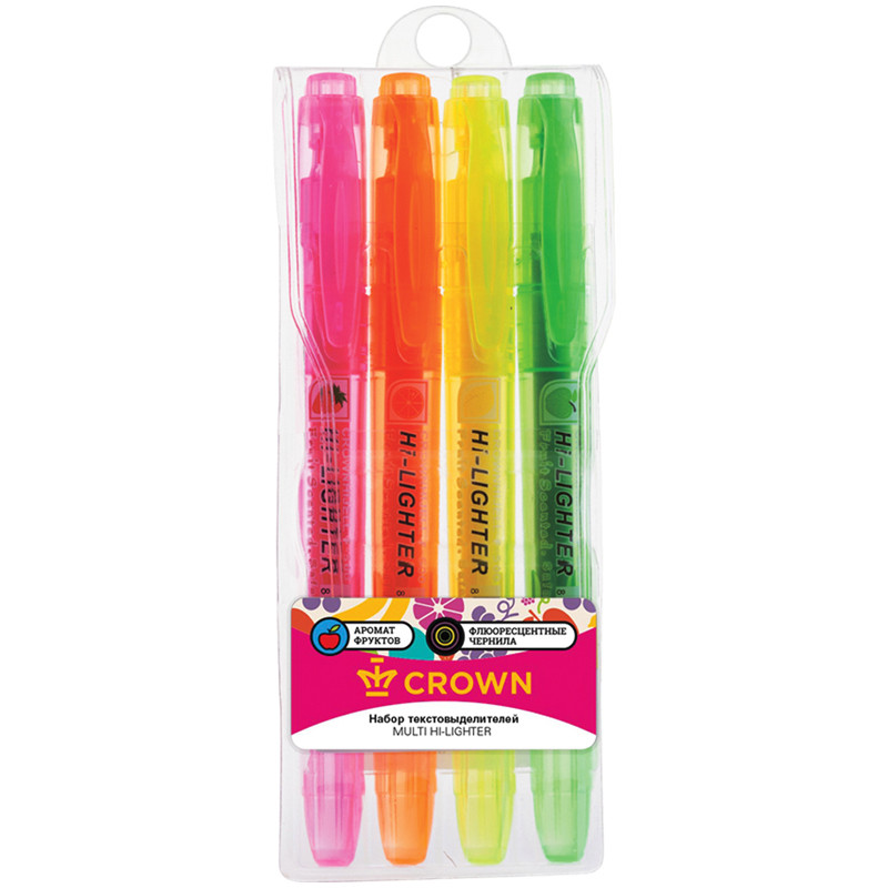 Набор текстовыделителей Crown "Multi Hi-Lighter Aroma", 4 цвета, пишущий узел 1 - 4 мм, ароматизированные чернила на водной основе