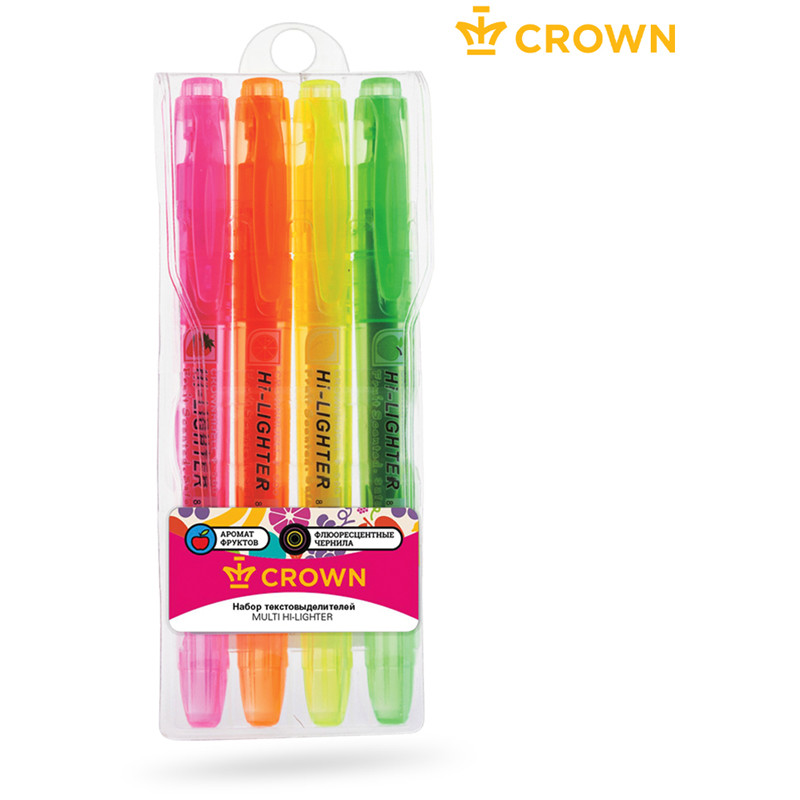 Набор текстовыделителей Crown "Multi Hi-Lighter Aroma", 4 цвета, пишущий узел 1 - 4 мм, ароматизированные чернила на водной основе