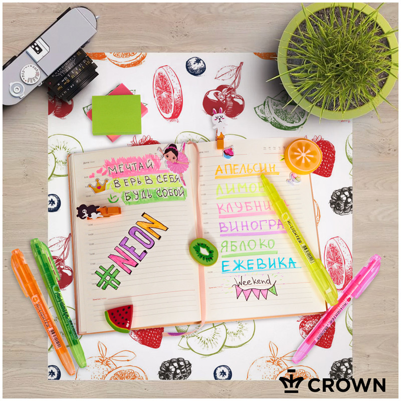 Набор текстовыделителей Crown "Multi Hi-Lighter Aroma", 4 цвета, пишущий узел 1 - 4 мм, ароматизированные чернила на водной основе