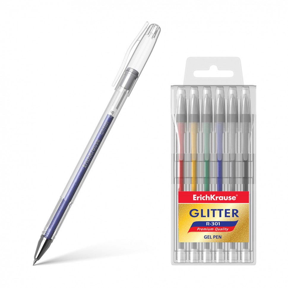 Ручки гелевые ErichKrause® R-301 Glitter, набор 6 цветов, EK46526