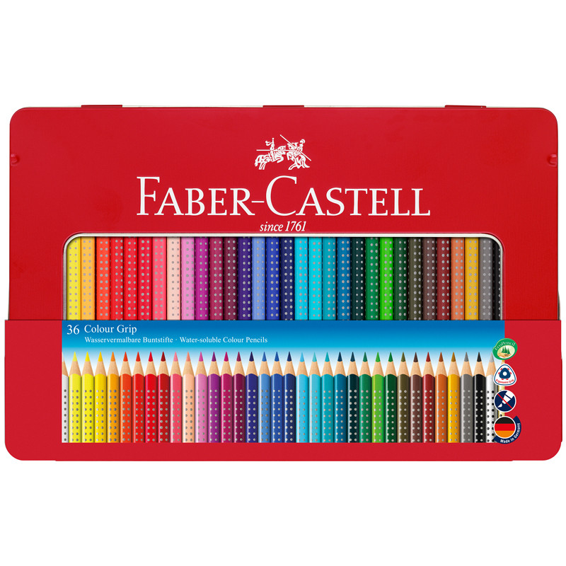 Карандаши цветные трехгранные Faber-Castell Grip, 36 цветов, заточенные, в металлической коробке