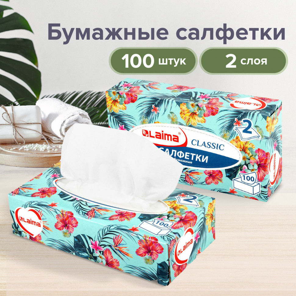 Салфетки косметические двуслойные LAIMA "Everyday", размер 20 х 20 см, уп. 100 салфеток в картонном боксе, Laima 113588