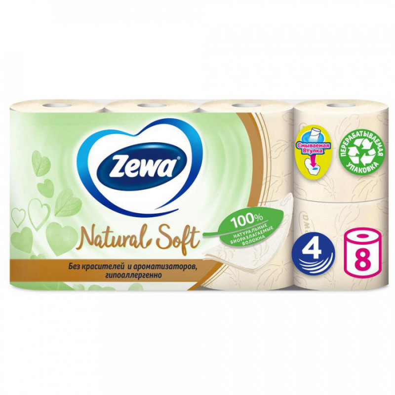 Туалетная бумага Zewa Natural Soft четырёхслойная, уп. 8 рулонов