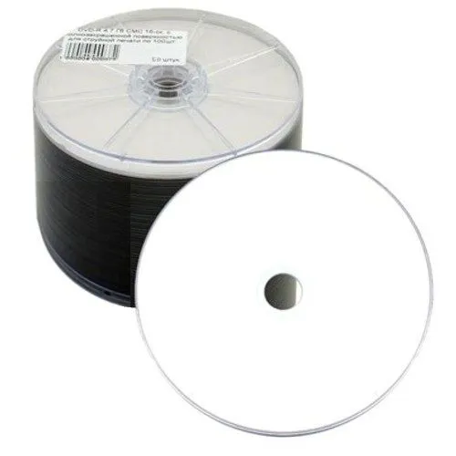 Диск DVD-R CMC 16X 4.7 Gb Printable с полнозакрашенной поверхностью для струйной печати (полная заливка) в термопленке, упаковка 50 шт.