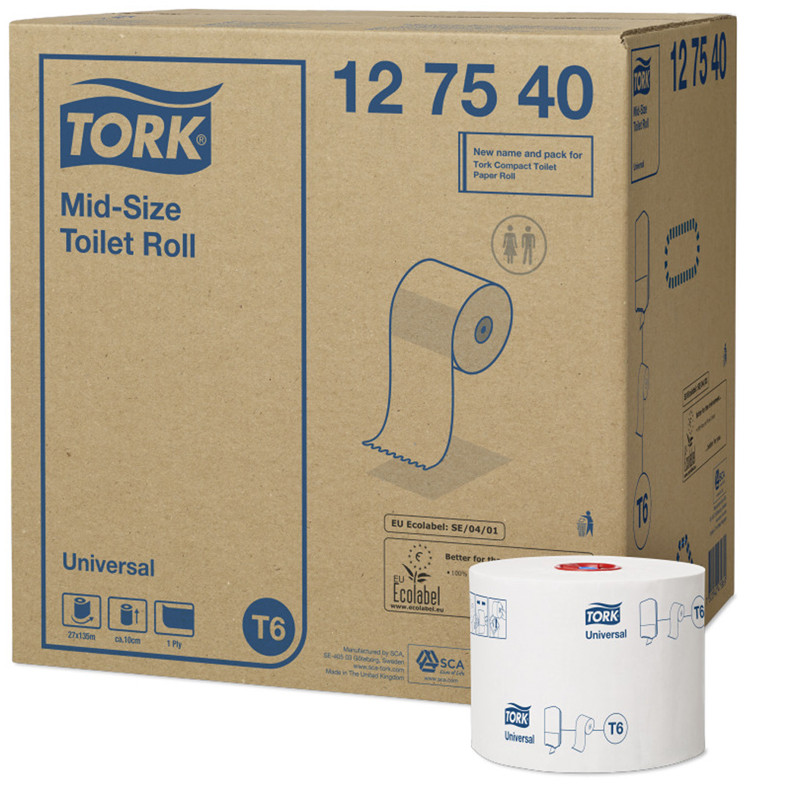 Бумага туалетная Tork Universal (система T6) мягкая белая, рулон mid-size 135 метров, для диспенсеров Tork 557500, 557508, уп. 27 рулонов, Tork 127540