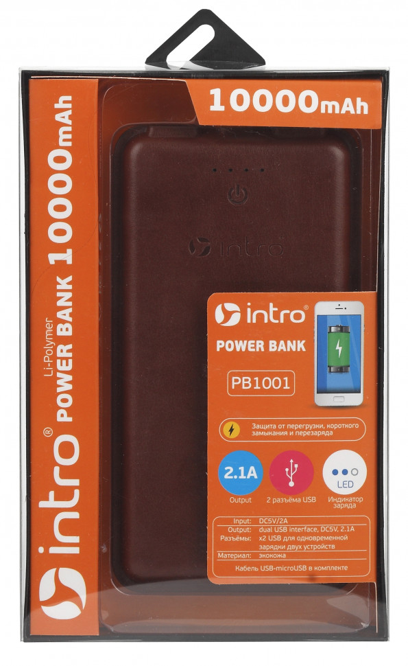 Аккумулятор внешний Intro PB1001 USB POWERBANK 10 000 MAH, кожзам, цвет черный