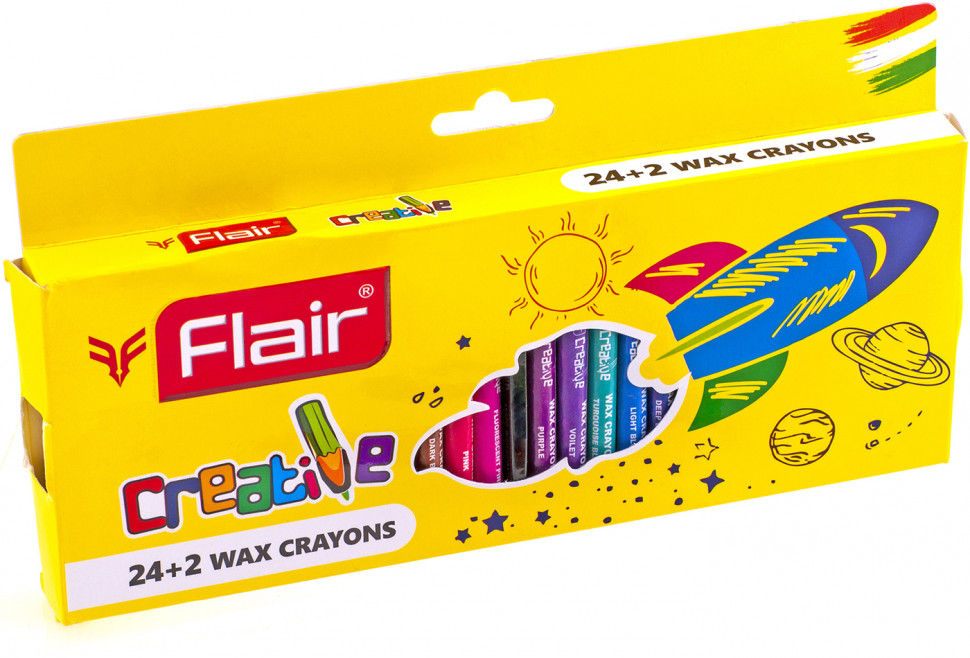 Восковые мелки FLAIR CREATIVE круглые, диаметр 8 мм, длина 80 мм, набор 24+2 цветов