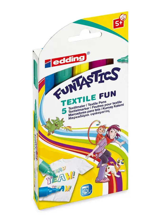 Набор детских фломастеров для ткани Edding 17 Funtastics, до 60 С°, пишущий узел 2-3 мм, набор 5 цветов