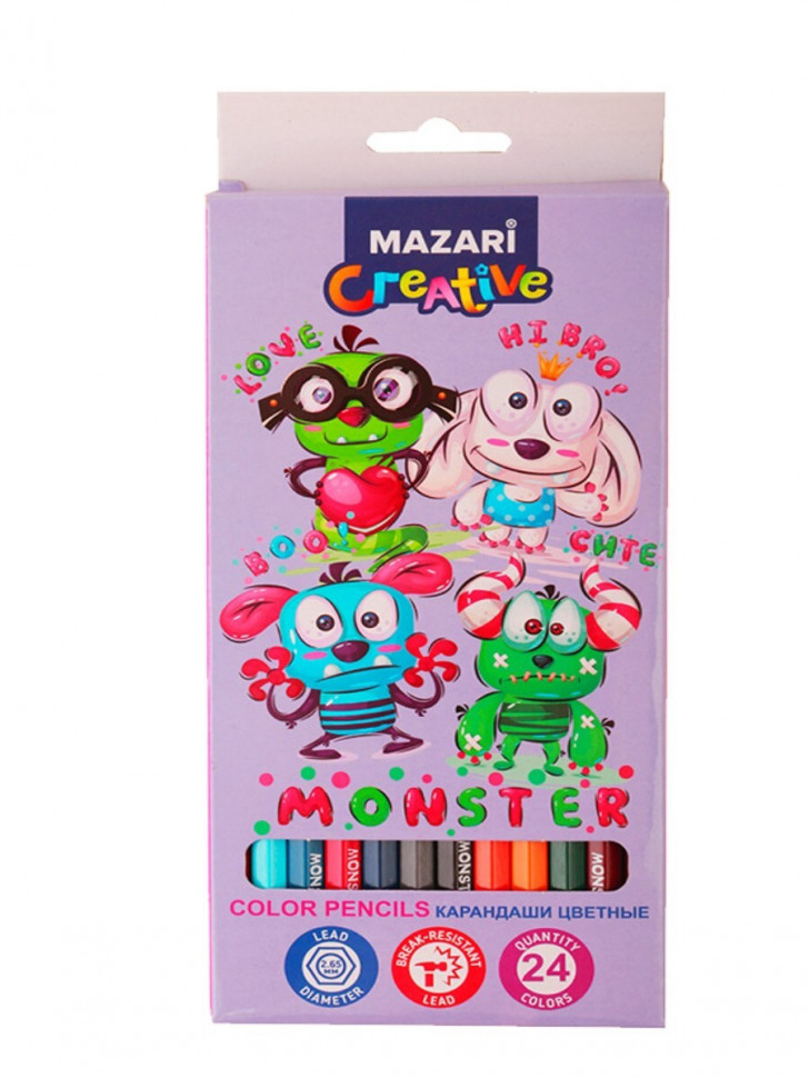 Карандаши цветные деревянные Mazari MONSTER, 24 цвета, шестигранный корпус, диаметр грифеля 2.65 мм, Mazari M-6186-24