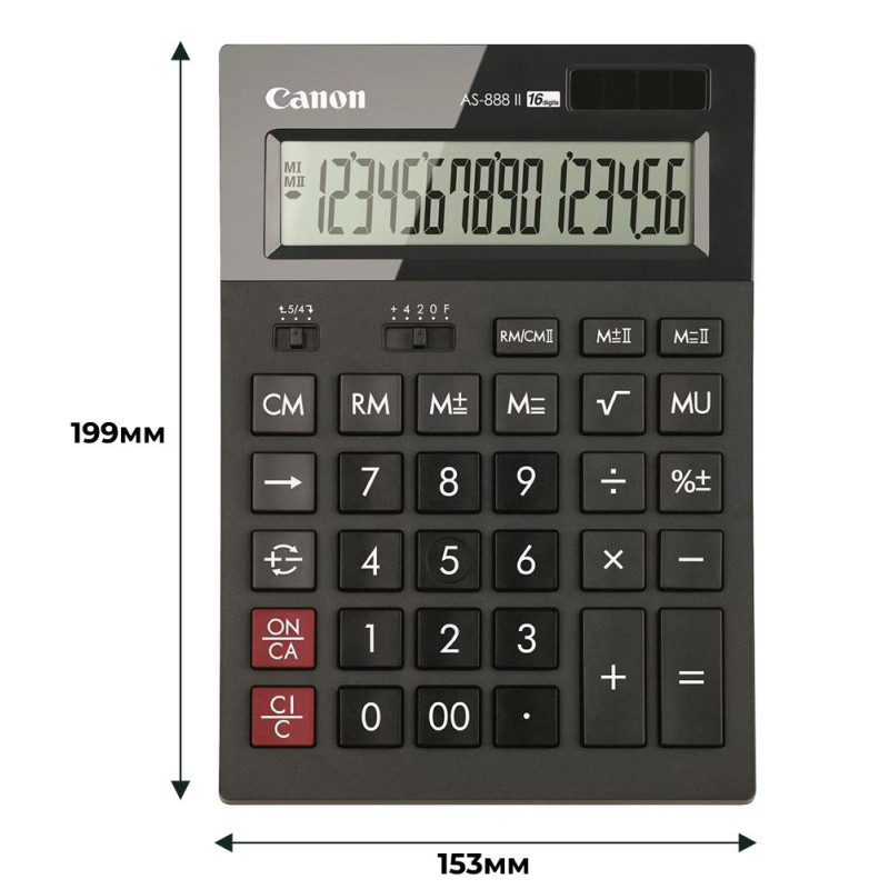 Калькулятор настольный полноразмерный бухгалтерский CANON AS-888 II, 16 разрядов, DP, размер 153 х 199 мм