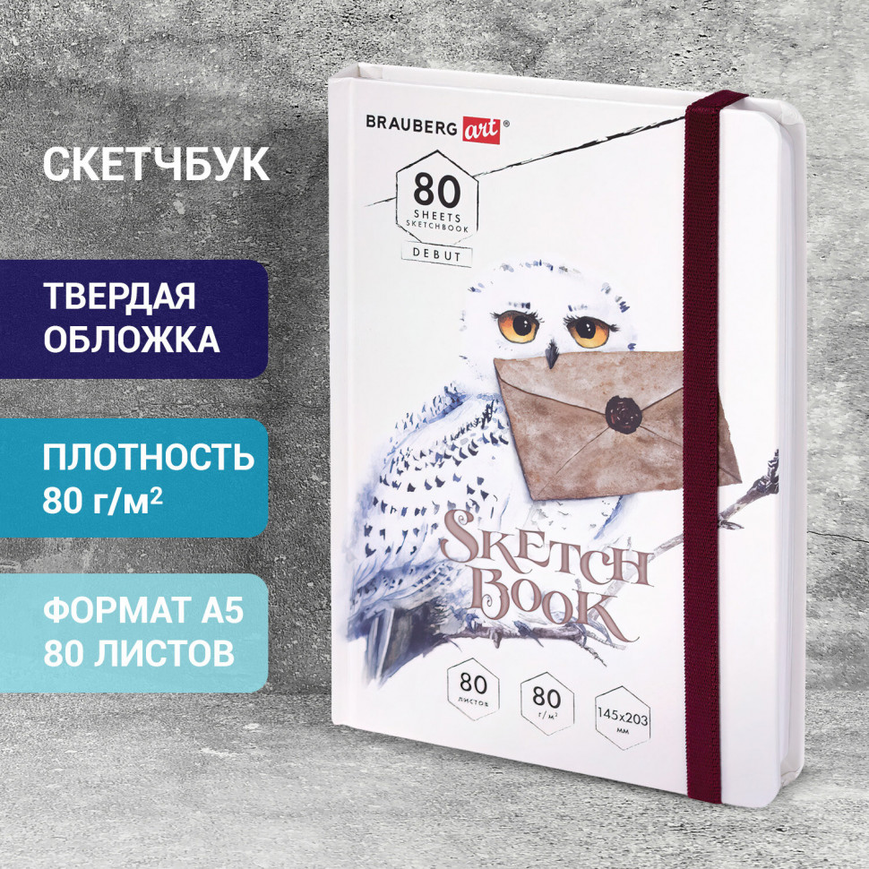 Скетчбук BRAUBERG ART DEBUT "Хогвартс", размер 145 х 203 мм, белая бумага 80 г/м2, 80 листов, резинка, твердый переплет, 114581