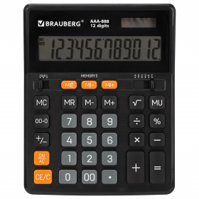 Калькулятор настольный BRAUBERG AAA-888 (размер 202 x 159 мм), 12 разрядов, ЧЕРНЫЙ, двойное питание, 273981