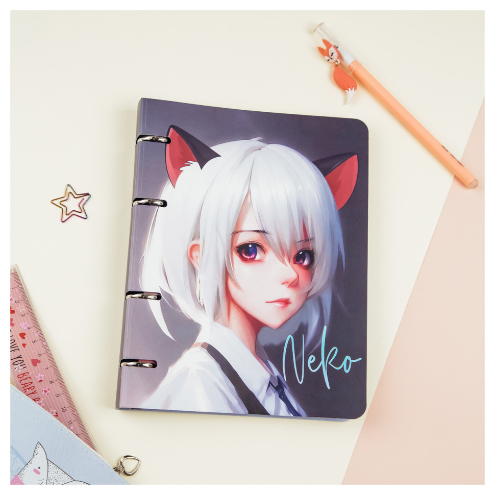 Тетрадь на кольцах А5 100 листов MESHU Neko, картон, матовая ламинация, тиснение фольгой