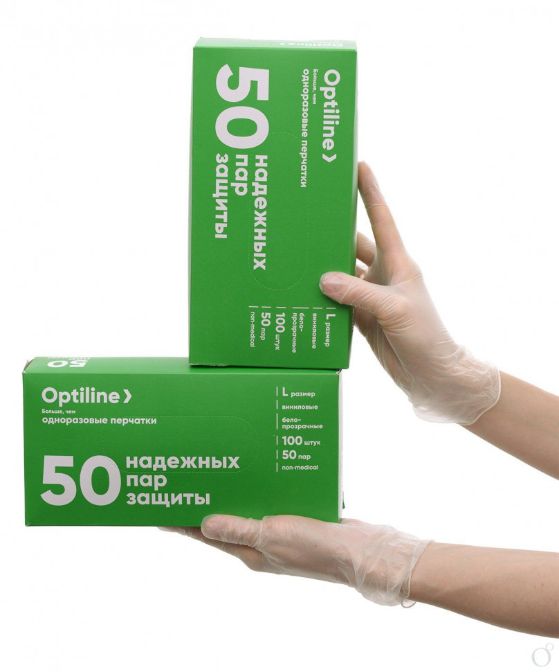 Перчатки виниловые OptiLine бело-прозрачные, размер L, уп. 50 пар (100 штук)