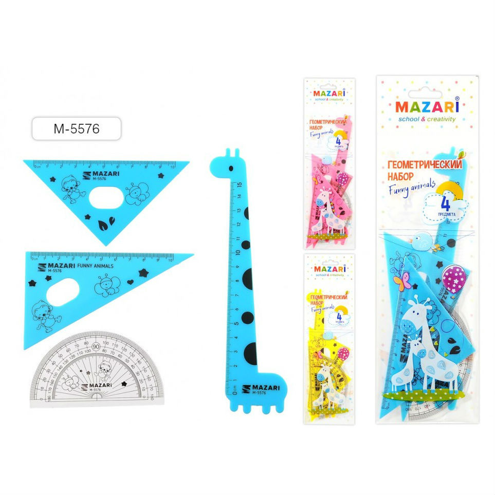 Набор чертежных инструментов Mazari FUNNY ANIMALS из 4 предметов (линейка 15 см, угольник 30 х 60 х 90 градусов, угольник 45 х 45 х 90 градусов, транспортир), пластиковый, Mazari M-5576