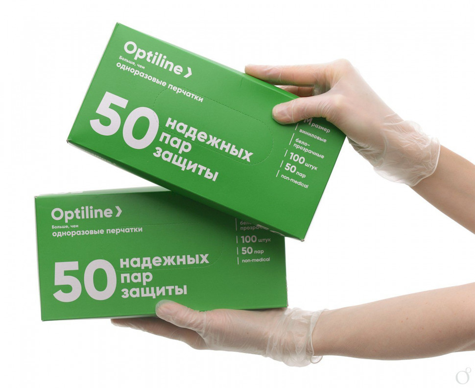 Перчатки виниловые OptiLine бело-прозрачные, размер M, уп. 50 пар (100 штук)