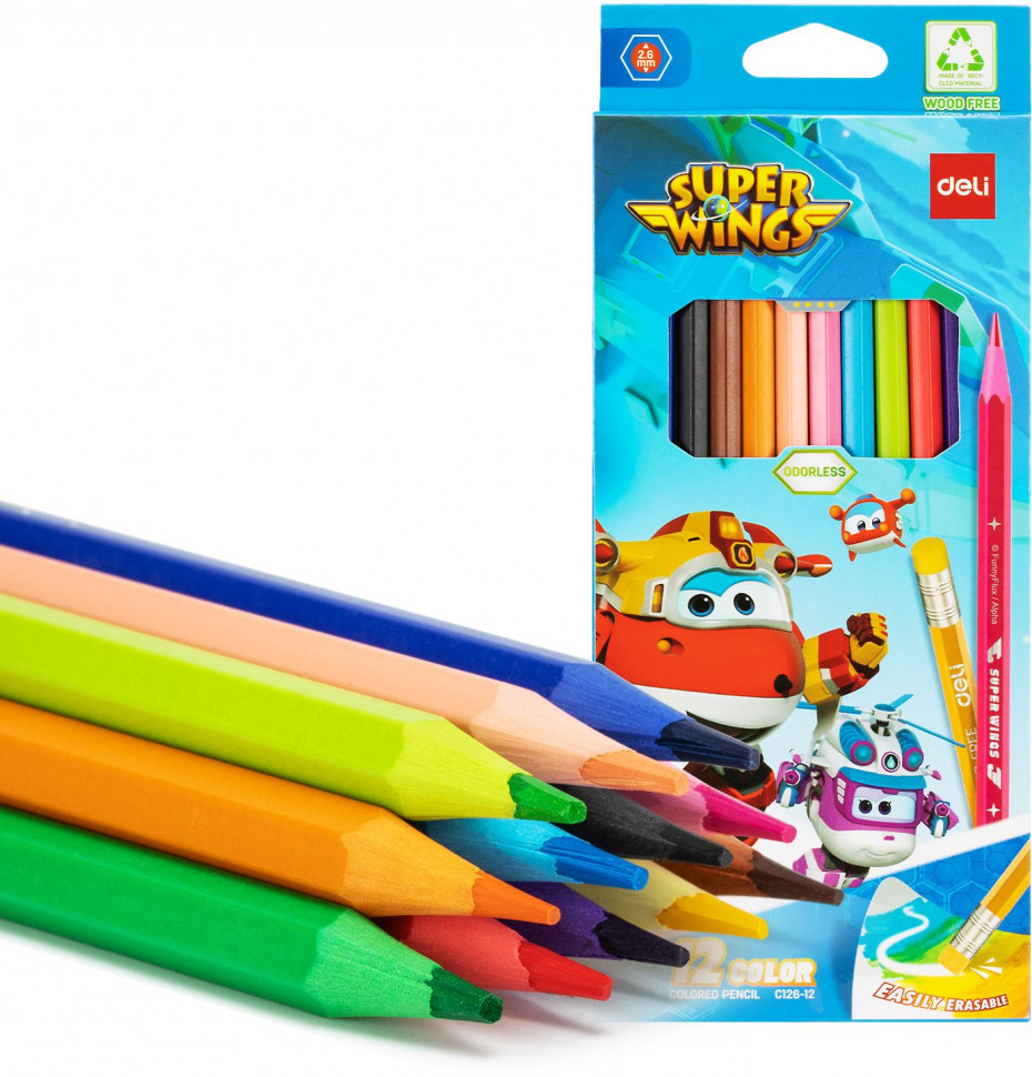 Карандаши цветные пластиковые Deli Super Wings с ластиком шестигранные, набор 12 цветов, диаметр грифеля 2.6 мм, Deli EC126-12
