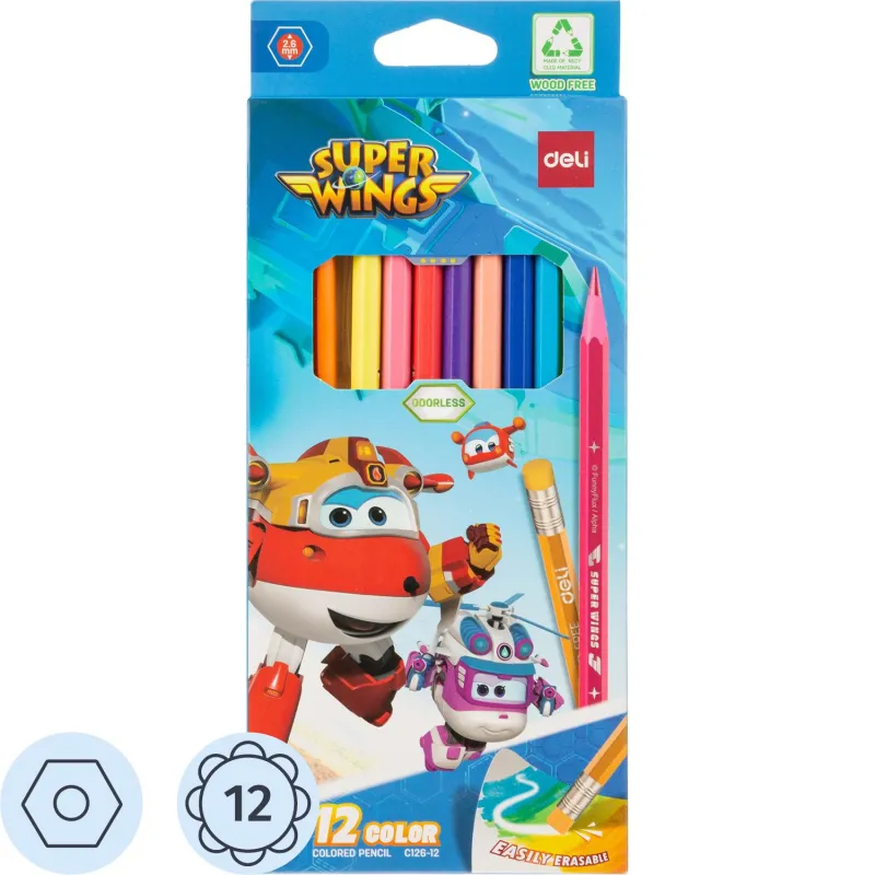 Карандаши цветные пластиковые Deli Super Wings с ластиком шестигранные, набор 12 цветов, диаметр грифеля 2.6 мм, Deli EC126-12