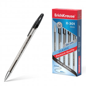 Ручка гелевая ErichKrause R-301 Gel Stick Classic, пишущий узел 0.5 мм, линия письма 0.4 мм, длина линии письма 600 м, цвет чернил черный, EK53347