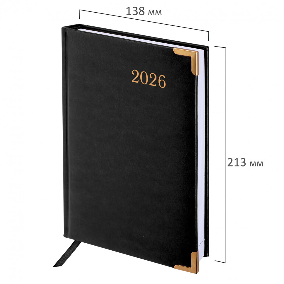 Ежедневник датированный на 2026 год BRAUBERG Senator А5, размер 138 x 213 мм, под кожу, черный, 117094