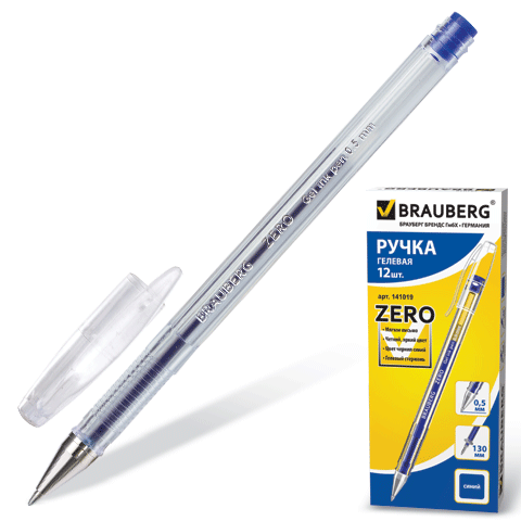 Ручка гелевая BRAUBERG "Zero", корпус прозрачный, толщина письма 0,5 мм, 141019, синяя 